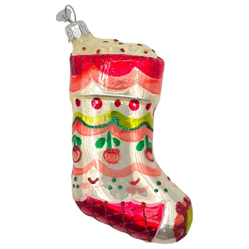 Dept 56 Clock Tag Christmas Stocking Ornament Mercury Glass Glitter Accents